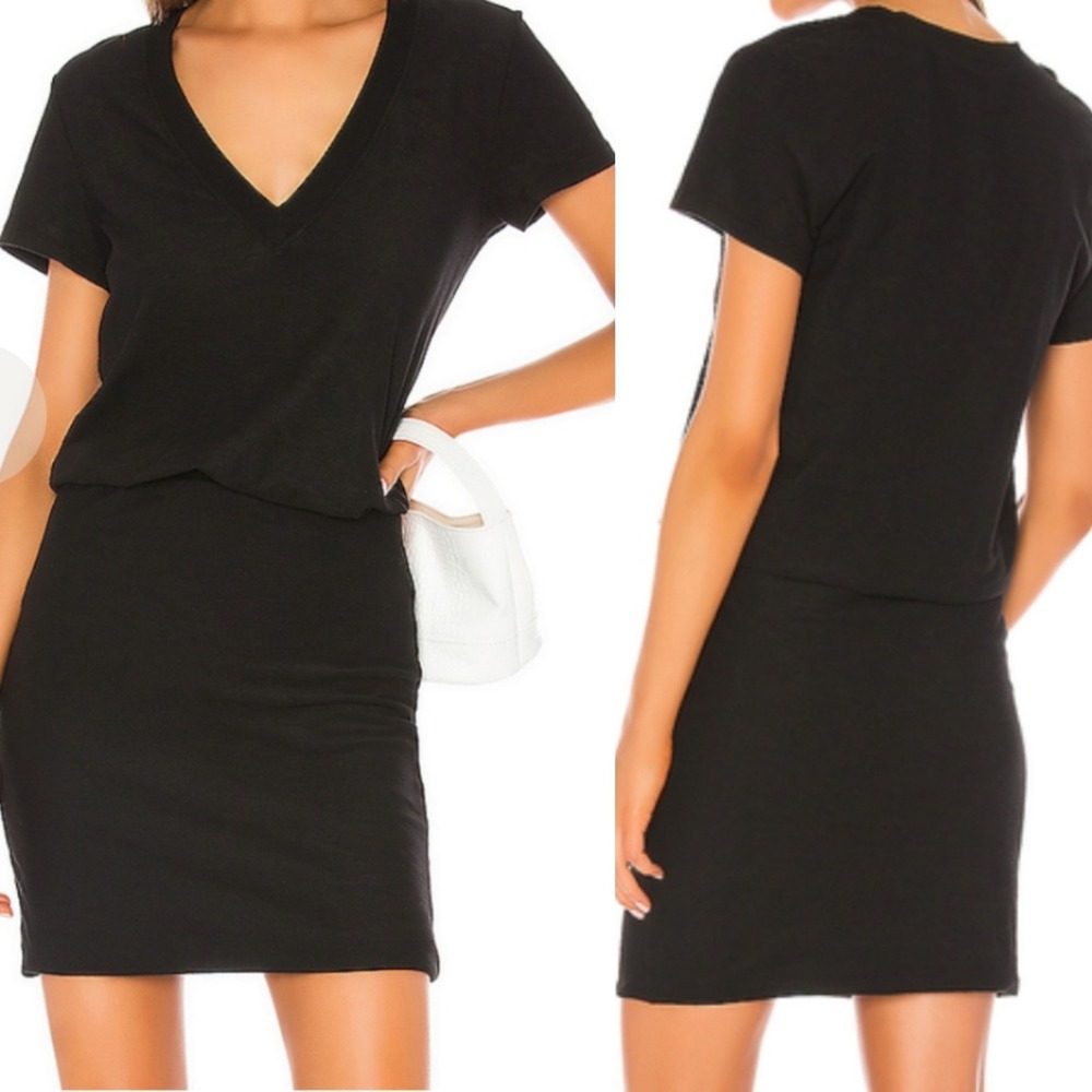 New James Perse Standard Black V-Neck Short Sleeve Elastic Waist Mini Dress 0 XS